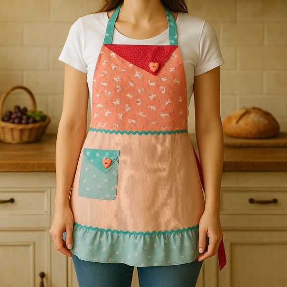 Handmade Peach/Blue Cotton Kitten Print Ruffle Apron Cottage OS - Picture 1 of 16